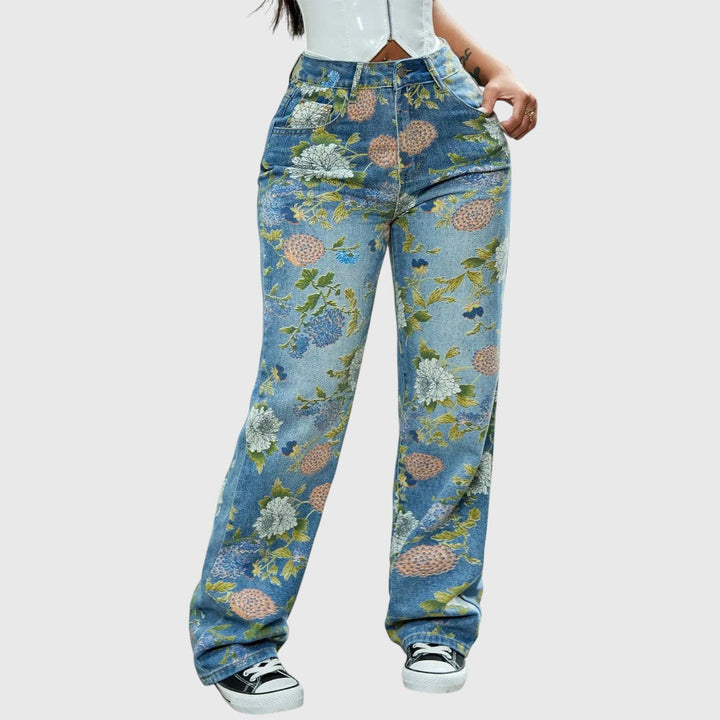 Floral Print High-Waisted Cargo Jeans