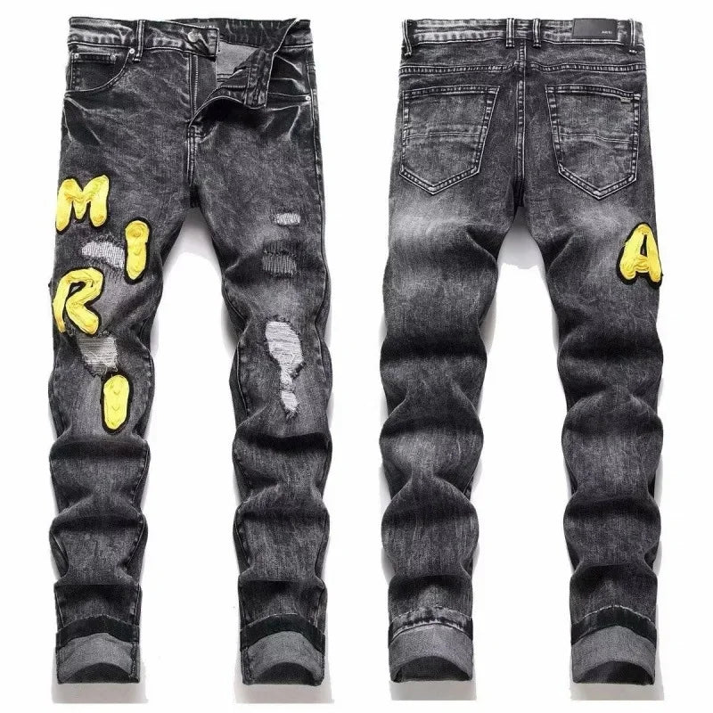 Retro Punk Style Slim Fit Elastic Printed Jeans