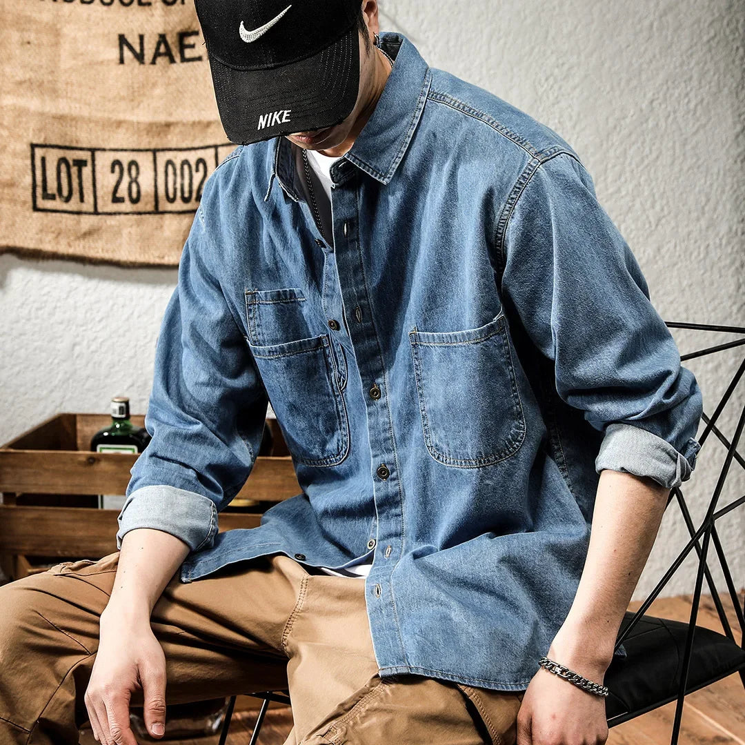 Vintage American Style Long Sleeve Denim Work Shirt