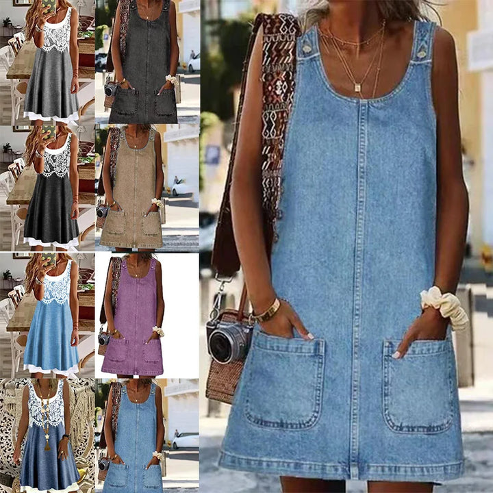 Midrise U-Neck Strappy A-Line Sleeves Denim Dress