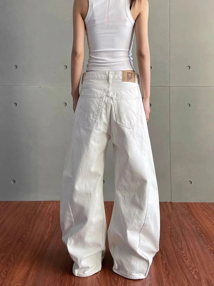 Retro Washed White High-Waist Knife Edge Design Jeans