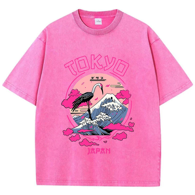 Retro-Inspired Acid Wash T-Shirts Featuring Tokyo Harajuku Prints