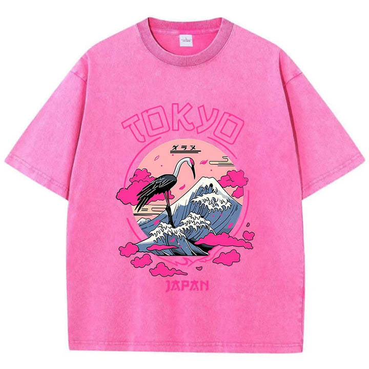 Retro-Inspired Acid Wash T-Shirts Featuring Tokyo Harajuku Prints