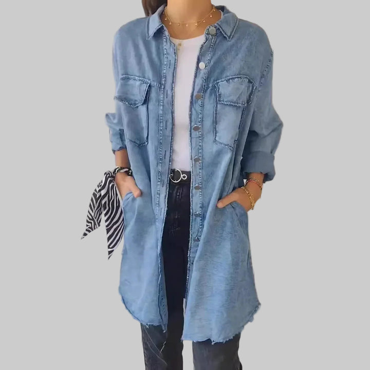 Casual Long Denim Jacket with Ripped Pockets