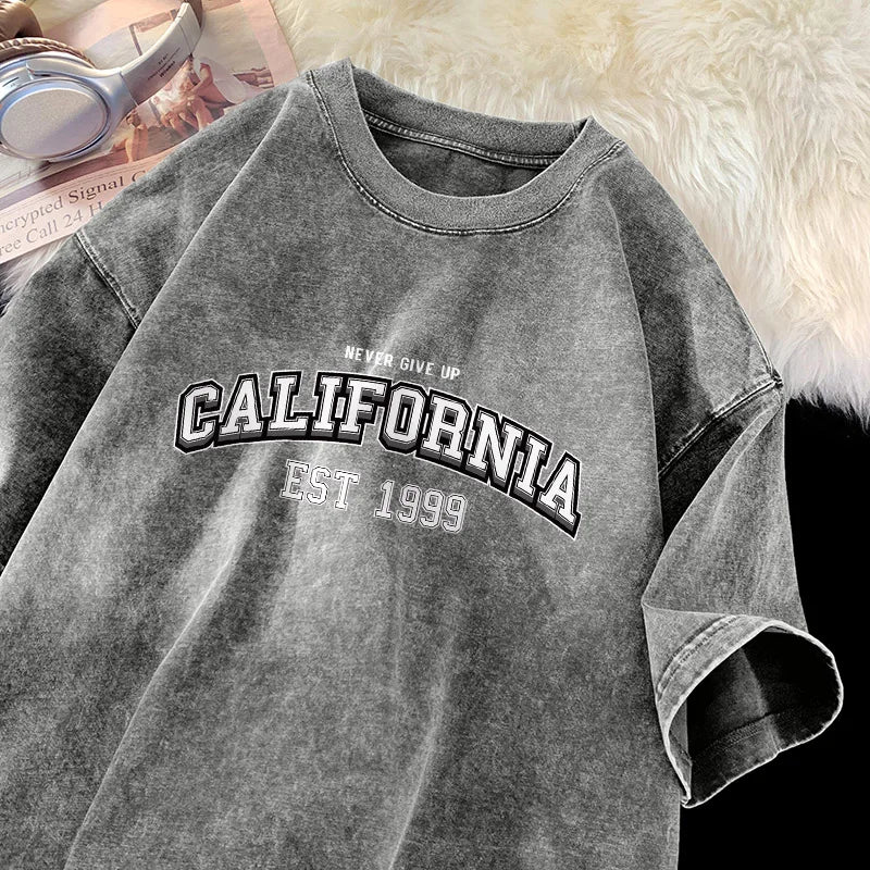 California Style 'Never Give Up' Retro Washed Cotton T-Shirt