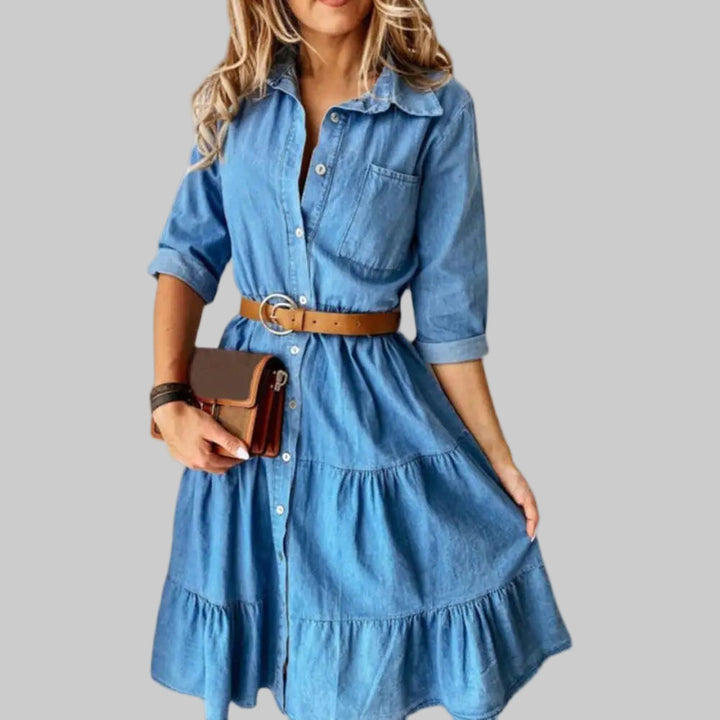 Flounced Edge Denim Solid Color Dress