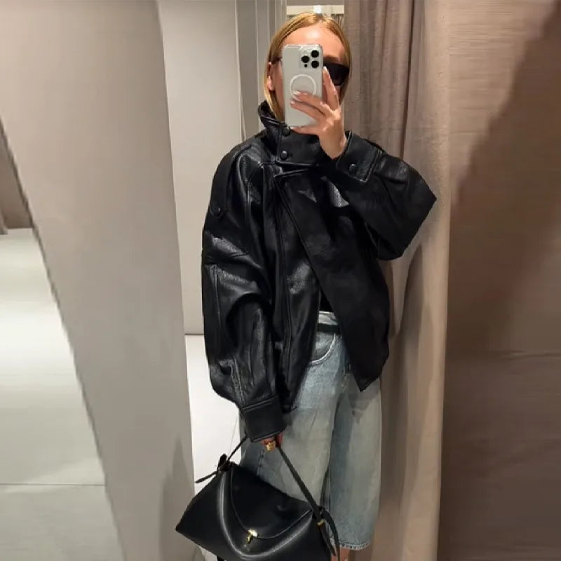 Stand-collar Loose Long Sleeved Pu Leather Jacket