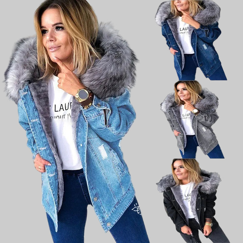 Retro Winter Denim Single-Breasted Hooded Jacket