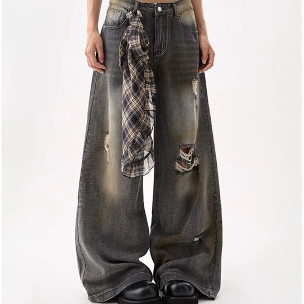 High-Waisted American Retro Loose Fit Ripped Jeans