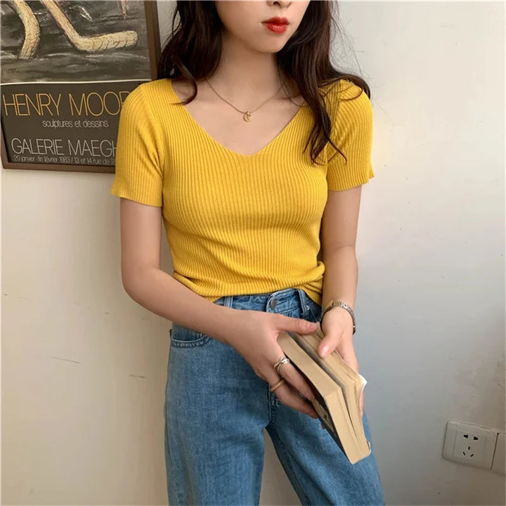 V-Neck Ribbed Knit Summer Sweater