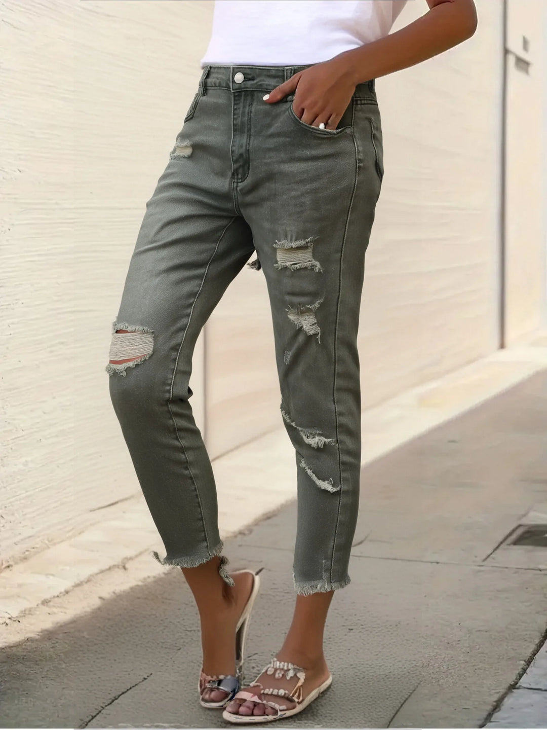 Ripped Olive Green Distressed Boyfriend Jeans