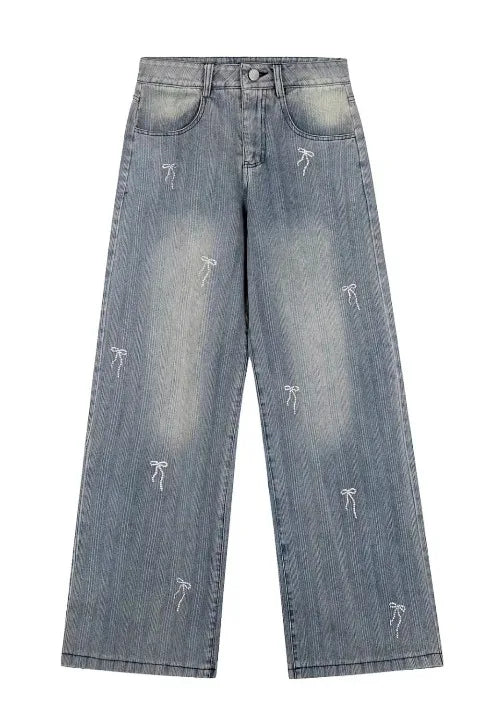 Bow embroidered straight jeans