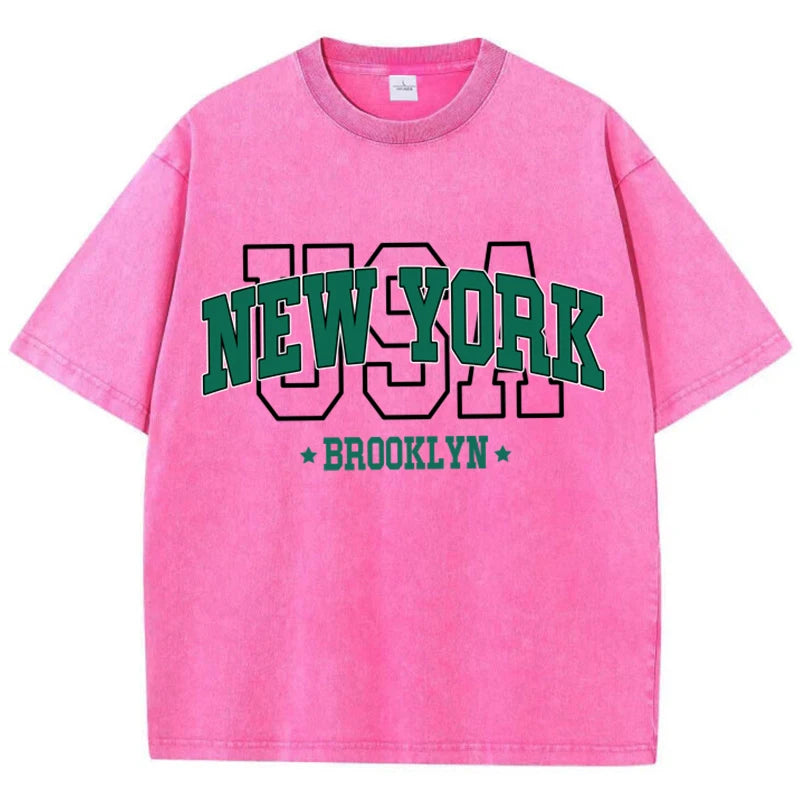 Cotton Washed O-Neck Brooklyn Print Tees