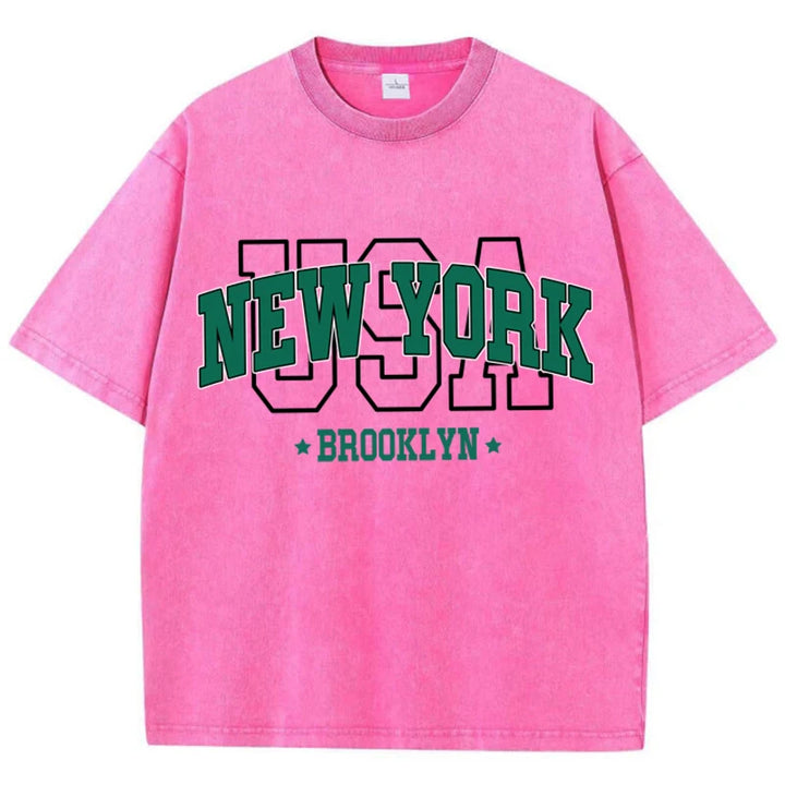 Cotton Washed O-Neck Brooklyn Print Tees