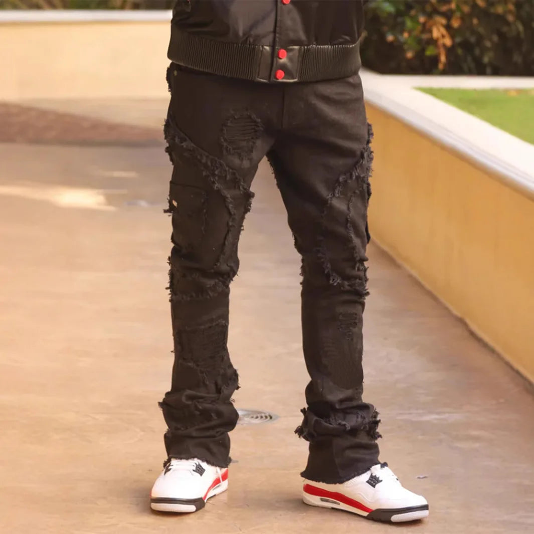 Distressed Slim Fit Ripped Stacked Jeans