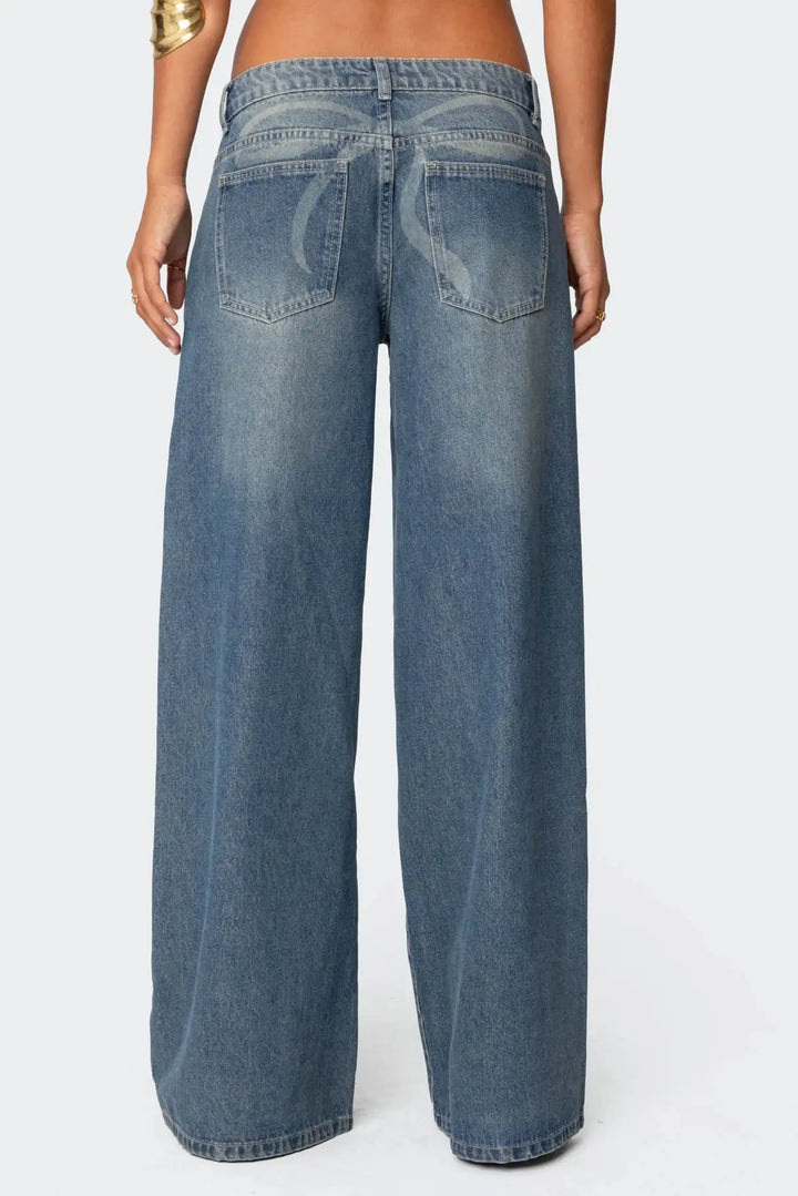 Wide Leg Denim Vintage Bow Print Jeans