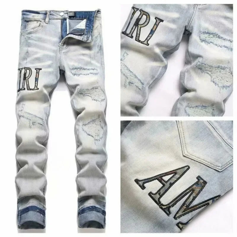 Retro Punk Style Slim Fit Elastic Printed Jeans
