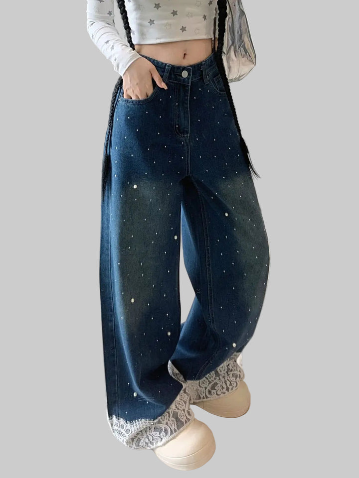 Lace-Trimmed Wide Leg Jeans