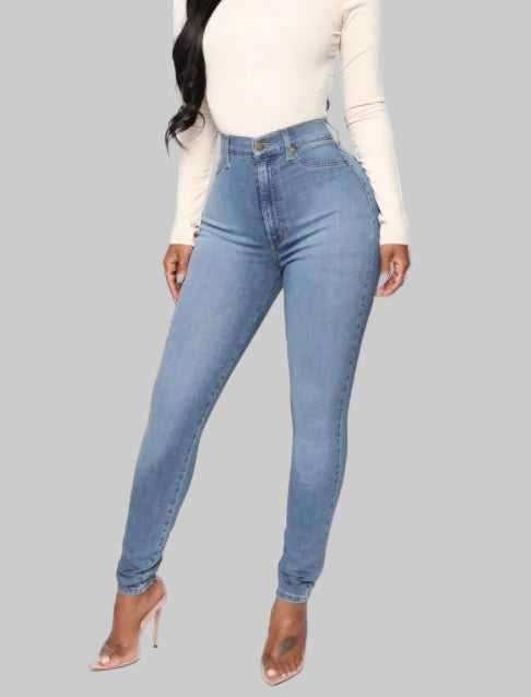High-Waisted Distressed Denim Pencil Jeans