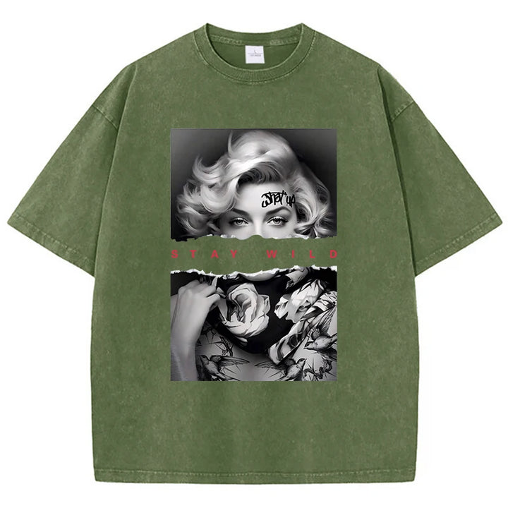 European Style Portrait Print Washed Tees