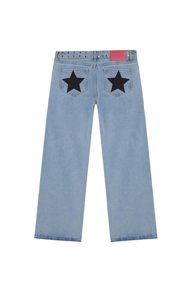 Retro Five-Pointed Star Print High-Waisted Baggy Jeans