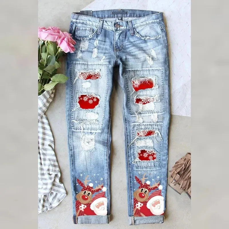 Mid-Waist Jeans with Christmas-Themed Ripped Design