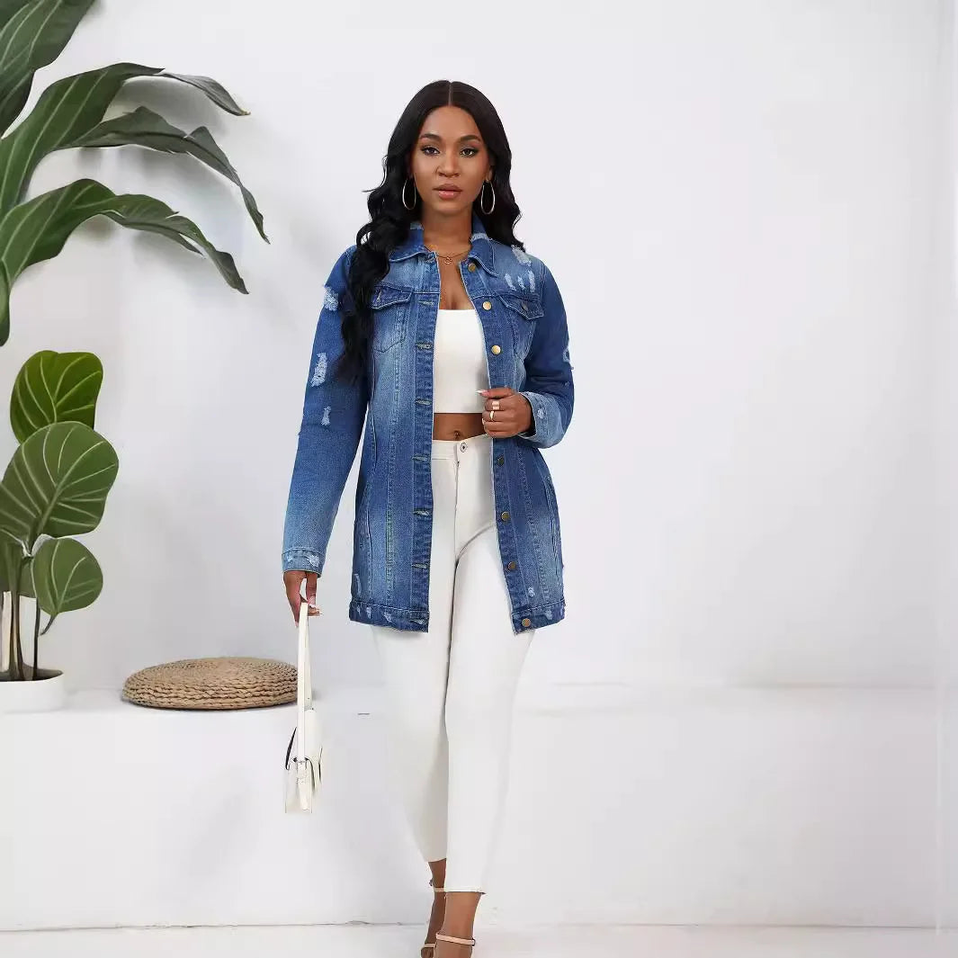Trendy Mid-Length Denim Jacket