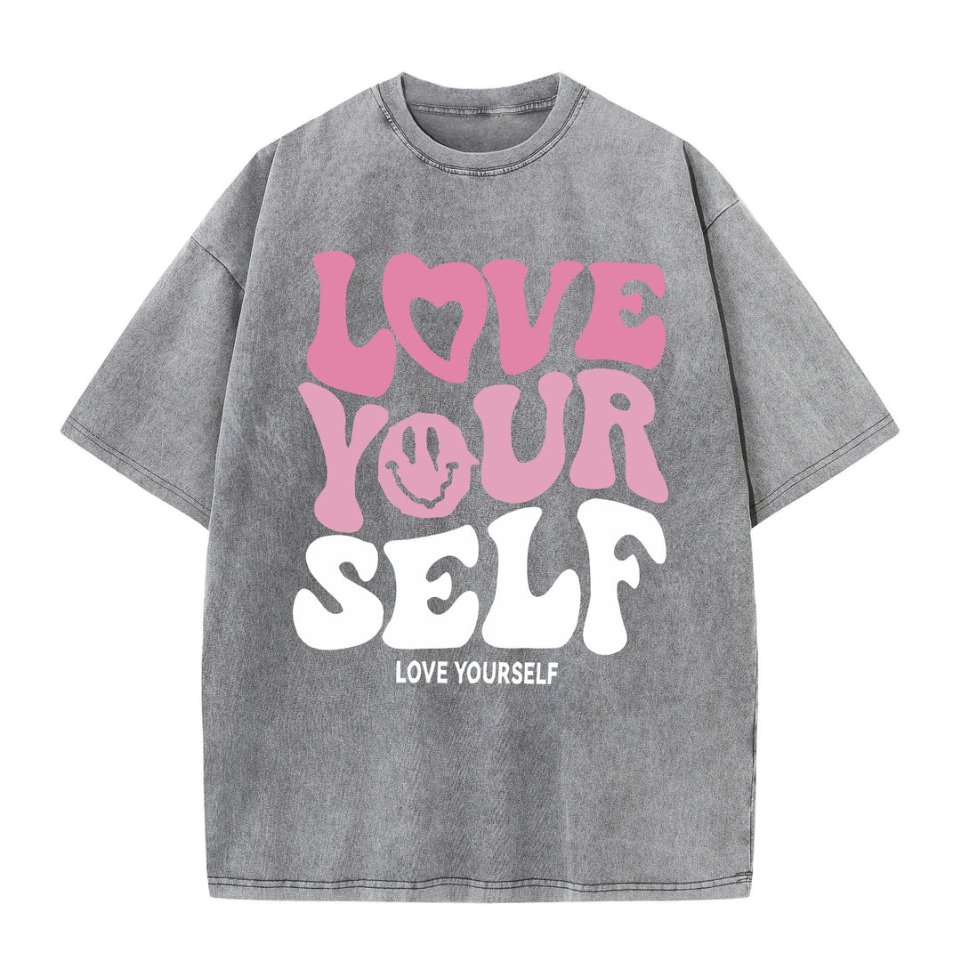 Washed "Love Your Self" Letter Print T-Shirt