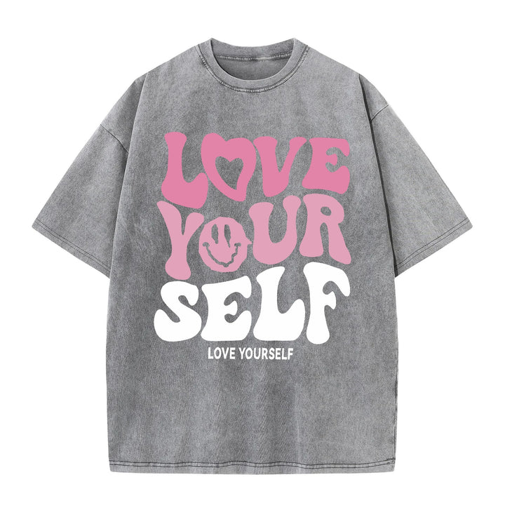Washed "Love Your Self" Letter Print T-Shirt