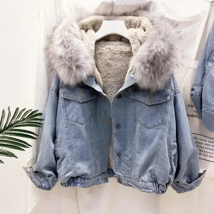 Single Breasted Fur Hooded Denim Coat