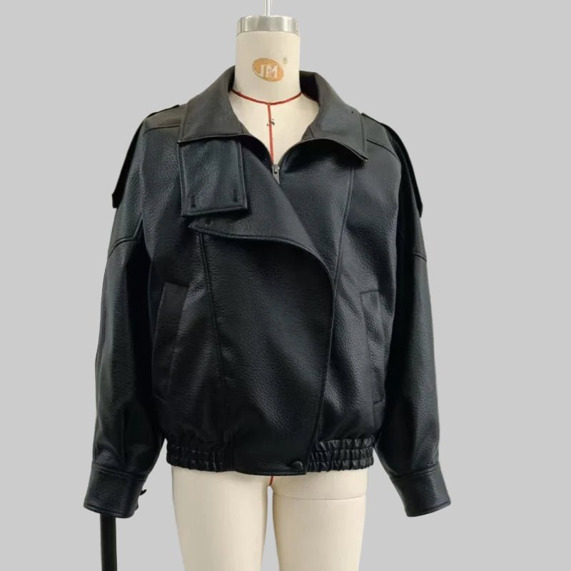 Stand-collar Loose Long Sleeved Pu Leather Jacket