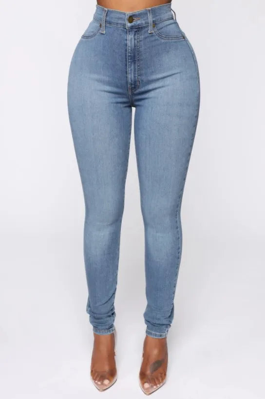 High-Waisted Distressed Denim Pencil Jeans