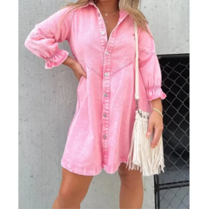 Denim Shirt Dress Collared Lantern Sleeves,
