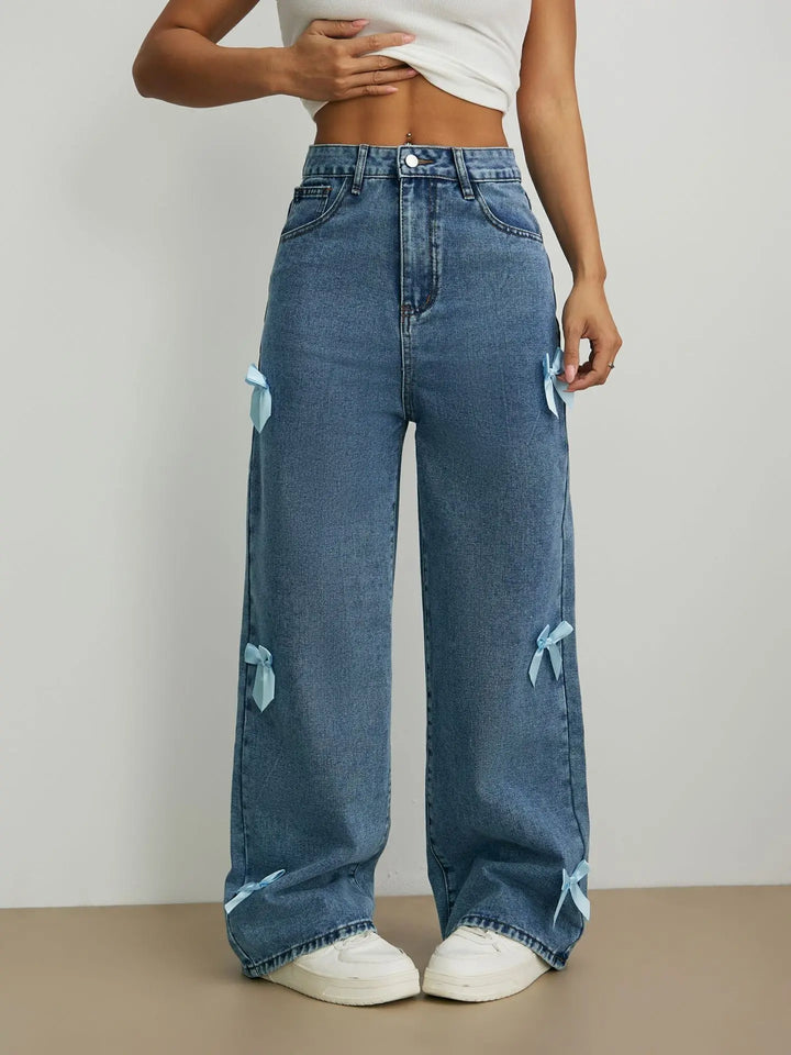 Vintage Distressed High-Waisted Jeans with Bow Detail