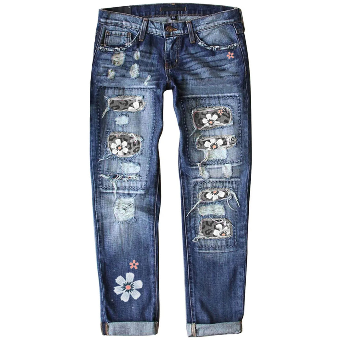 High-Waisted Blue Floral Print Stretch Jeans with Ripped Details