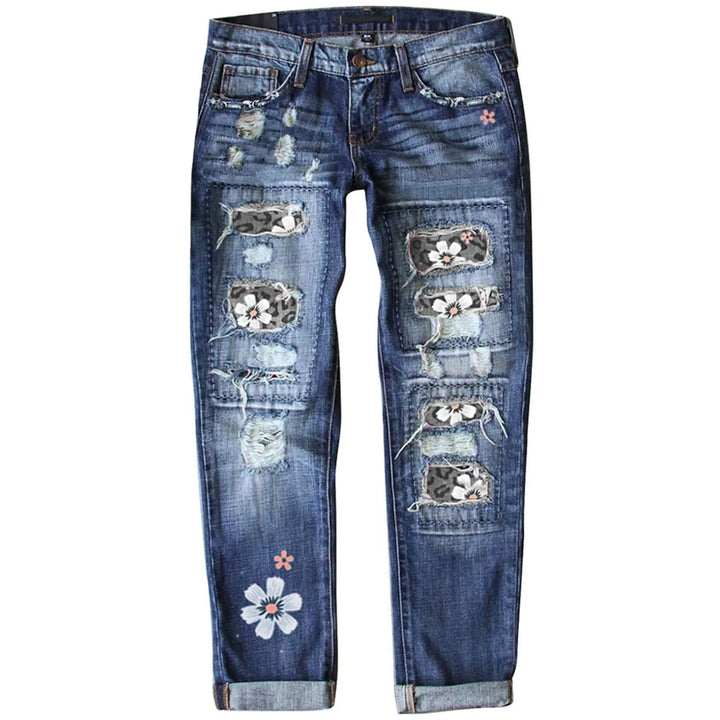 High-Waisted Blue Floral Print Stretch Jeans with Ripped Details