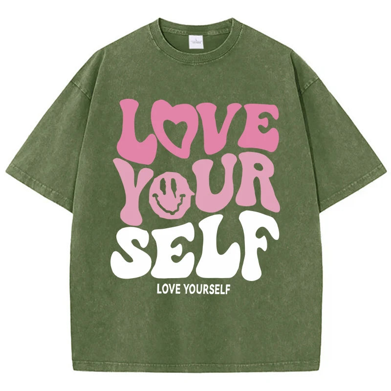Washed "Love Your Self" Letter Print T-Shirt
