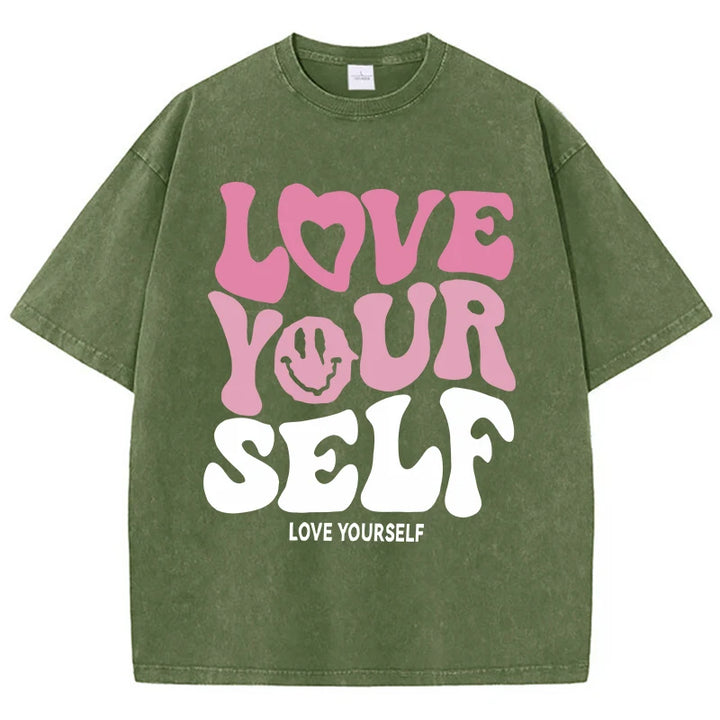 Washed "Love Your Self" Letter Print T-Shirt