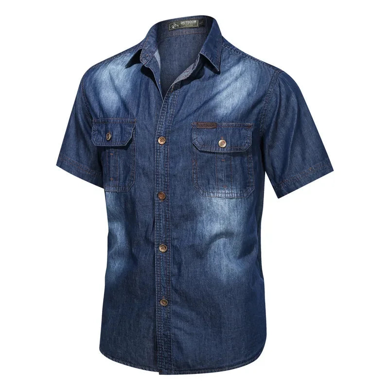 Distressed Denim Half-Sleeve Shirt