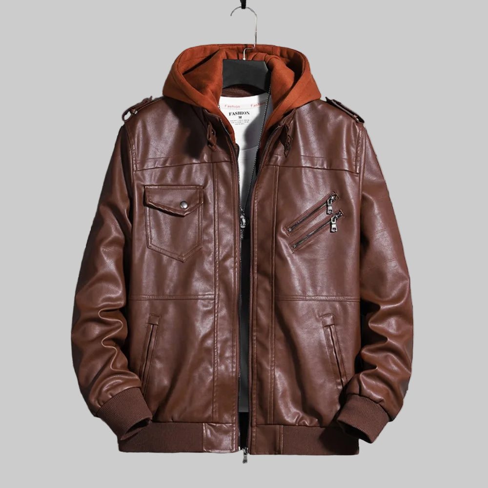 Hooded Leather Motorcycle Winter Coat