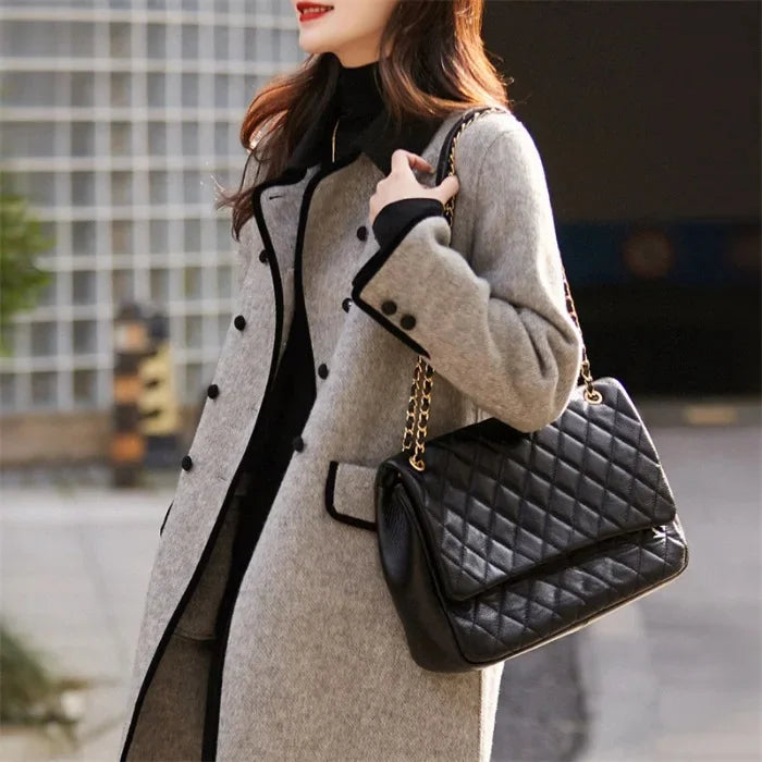 Color-Block Small Lapel Elegant Woolen Coat