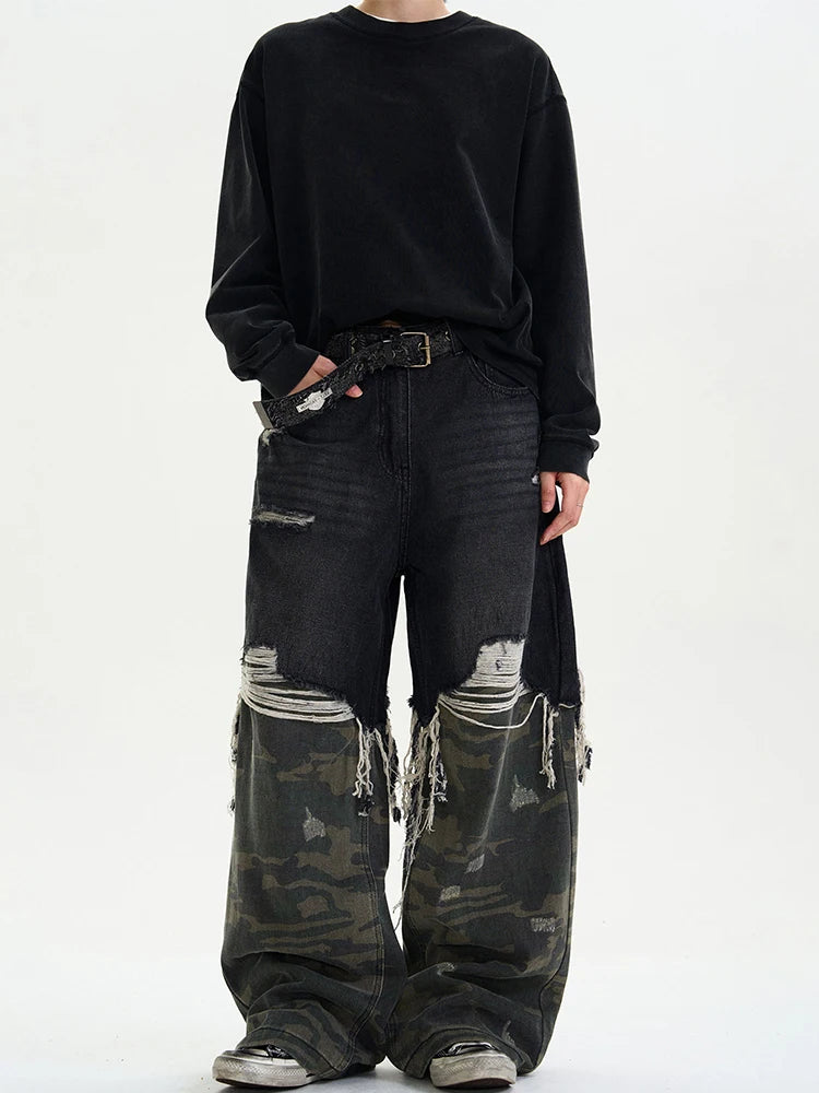 Camouflage Spliced Denim Pants