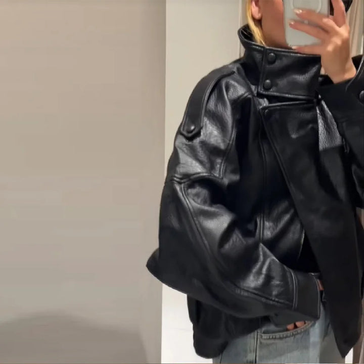 Stand-collar Loose Long Sleeved Pu Leather Jacket