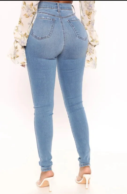 High-Waisted Distressed Denim Pencil Jeans