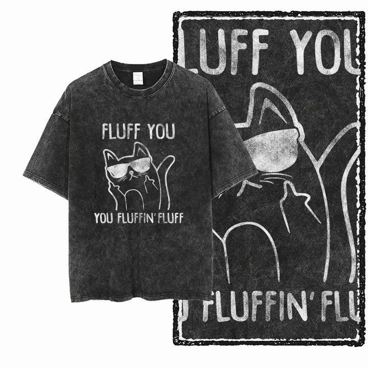 Cat Print Acid Washed Cotton Graphic T-Shirt