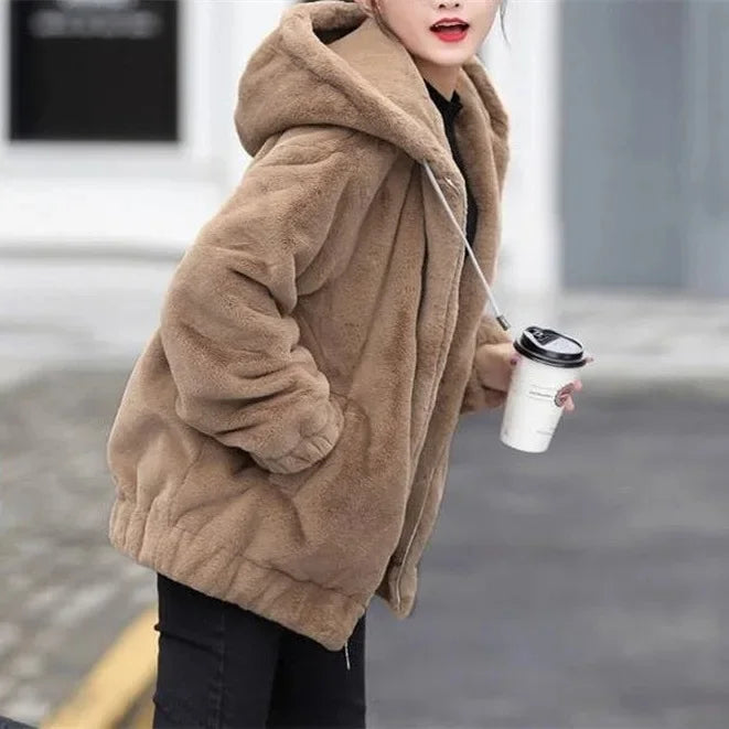 Trendy Mid-Length Fleece Hooded Jacket