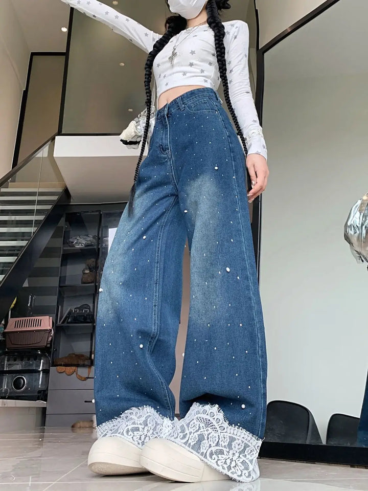 Lace-Trimmed Wide Leg Jeans