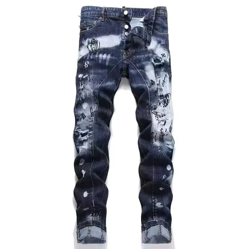 Retro Punk Style Slim Fit Elastic Printed Jeans