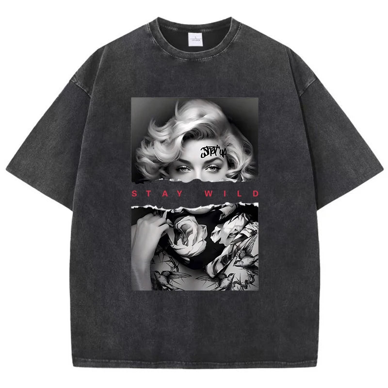 European Style Portrait Print Washed Tees