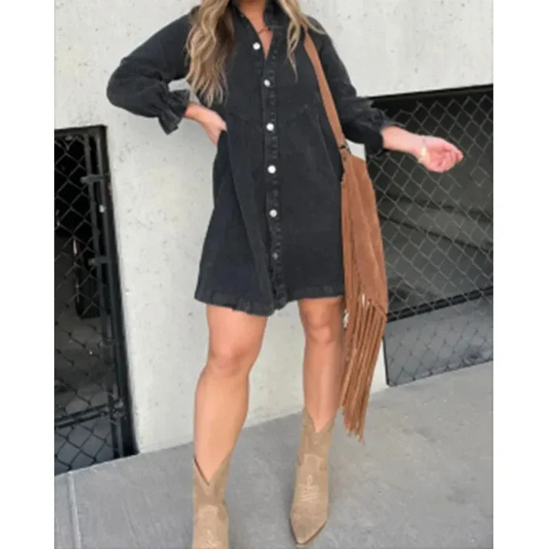 Denim Shirt Dress Collared Lantern Sleeves,